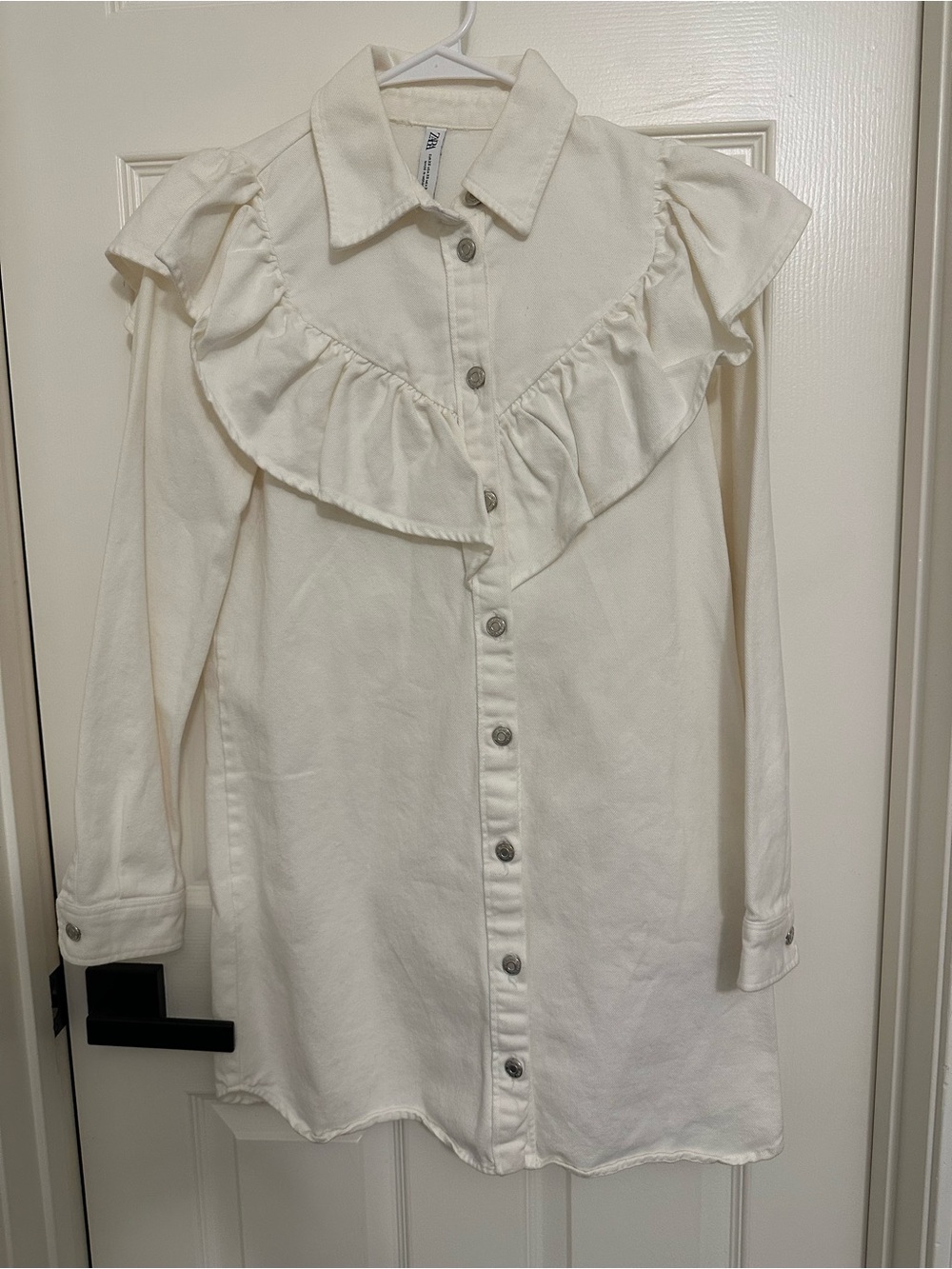 Zara Cream Ruffle-Front Button-Down Dress